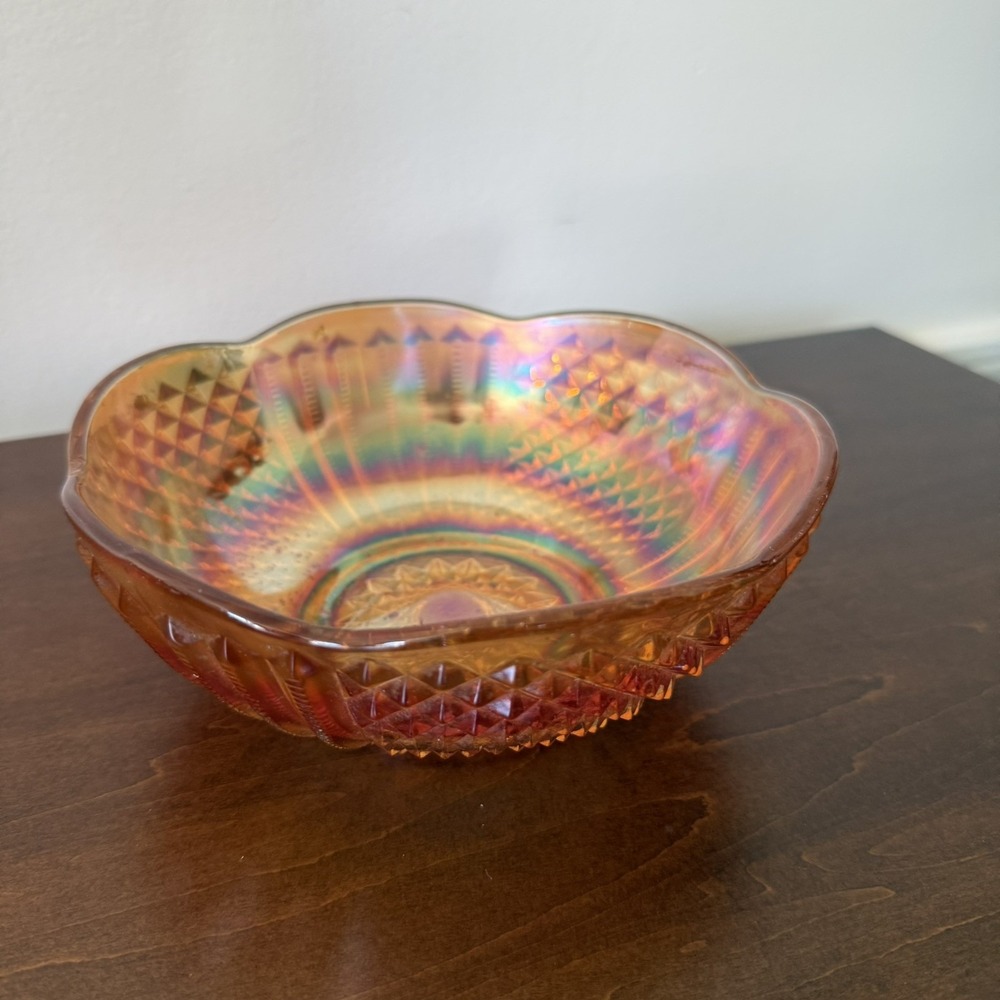 Vintage Marigold Orange Iridescent Carnival Glass Bowl 7" Diamond Ray Scalloped